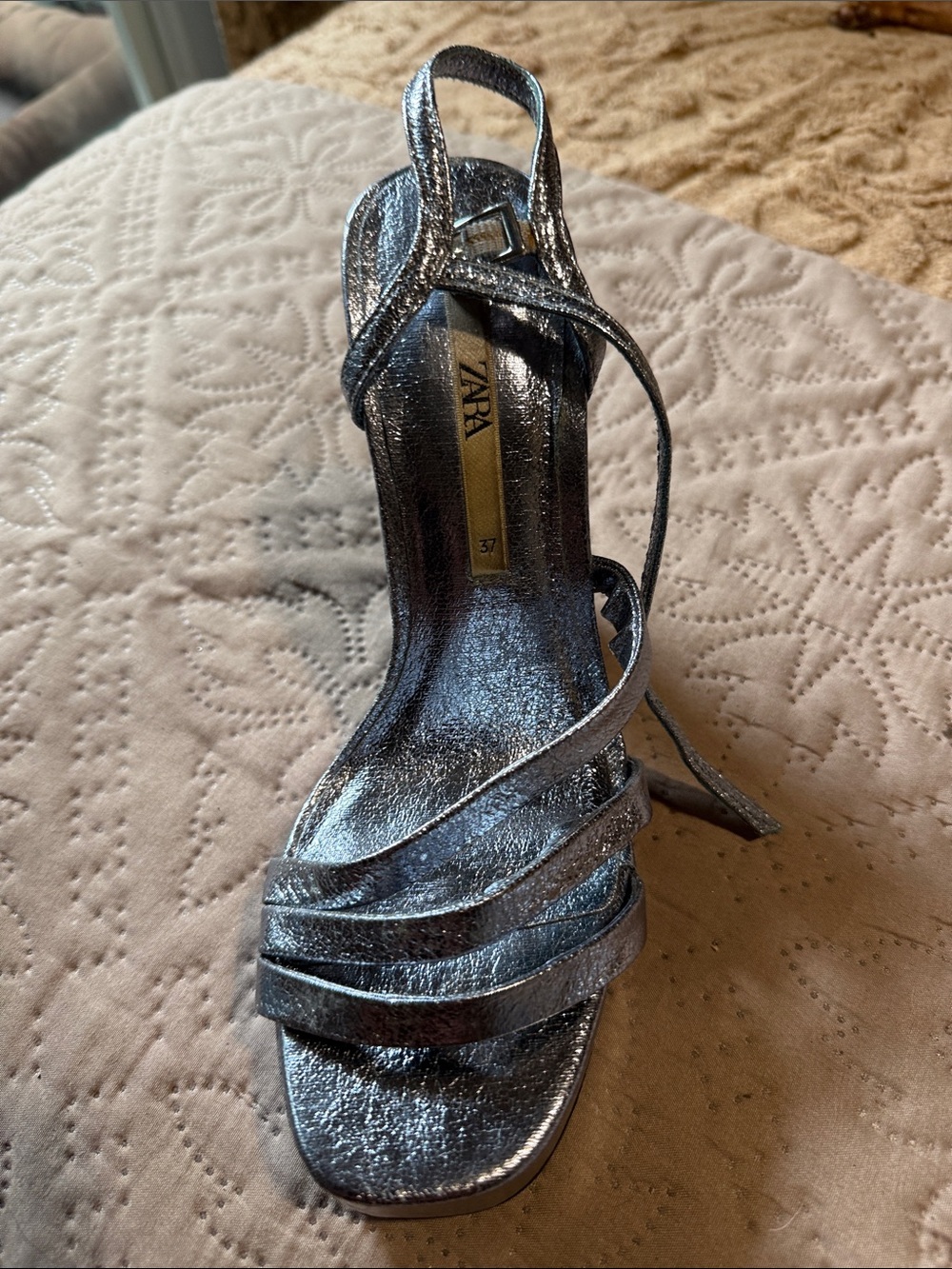 ZARA Metallic Silver Strappy High Heel Sandals